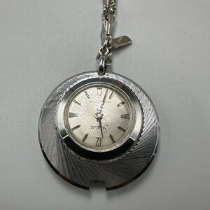 Vintage Sheffield Watch Pendant Necklace Silver Tone Untested Missing Crown